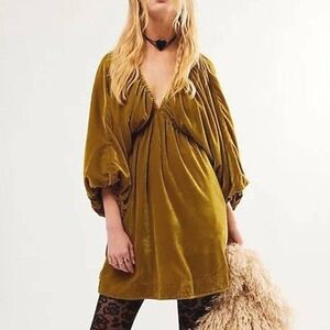 Free People Mustard Gold Velvet Balloon Sleeve Elastic Mini Dress Boho Large